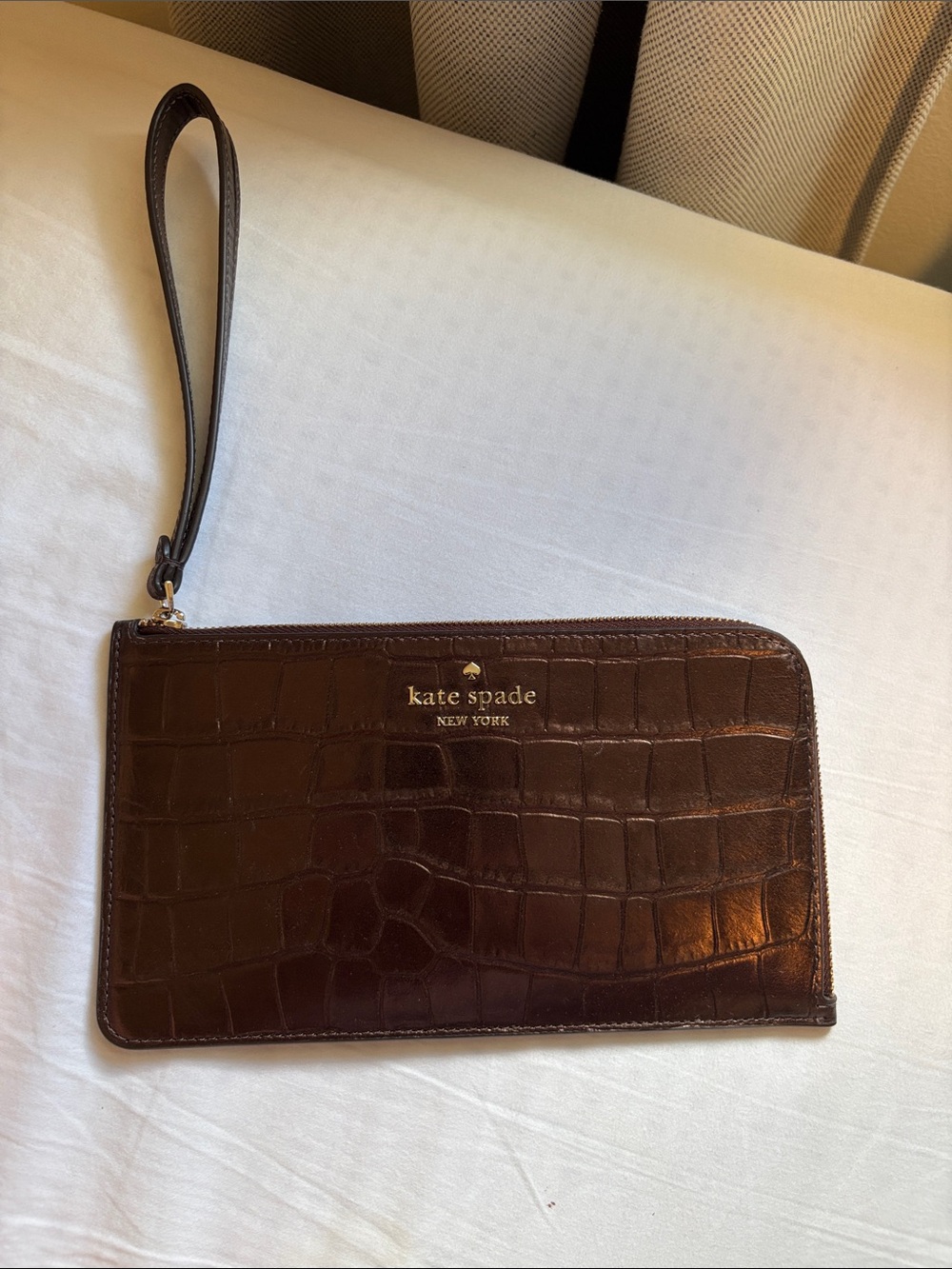 kate spade Brown Croc-Embossed Zip Wristlet